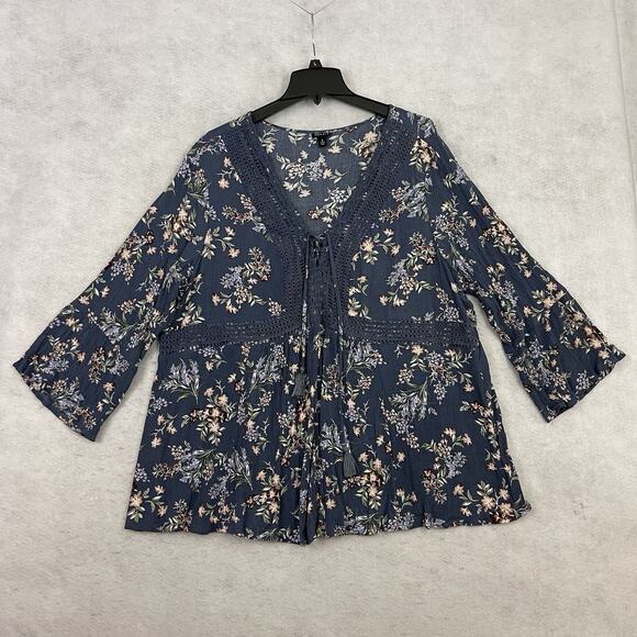 Torrid Babydoll Top Size 4X Blue Floral Gauze Crochet Trim Lace up Tassels Boho - Picture 6 of 12